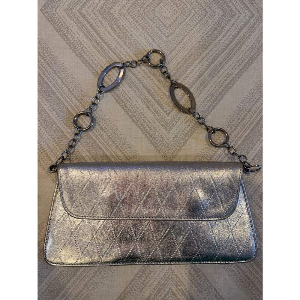 Roberto Vascon Metallic Silver Quilted Clutch – Evening Bag with Chain Handle